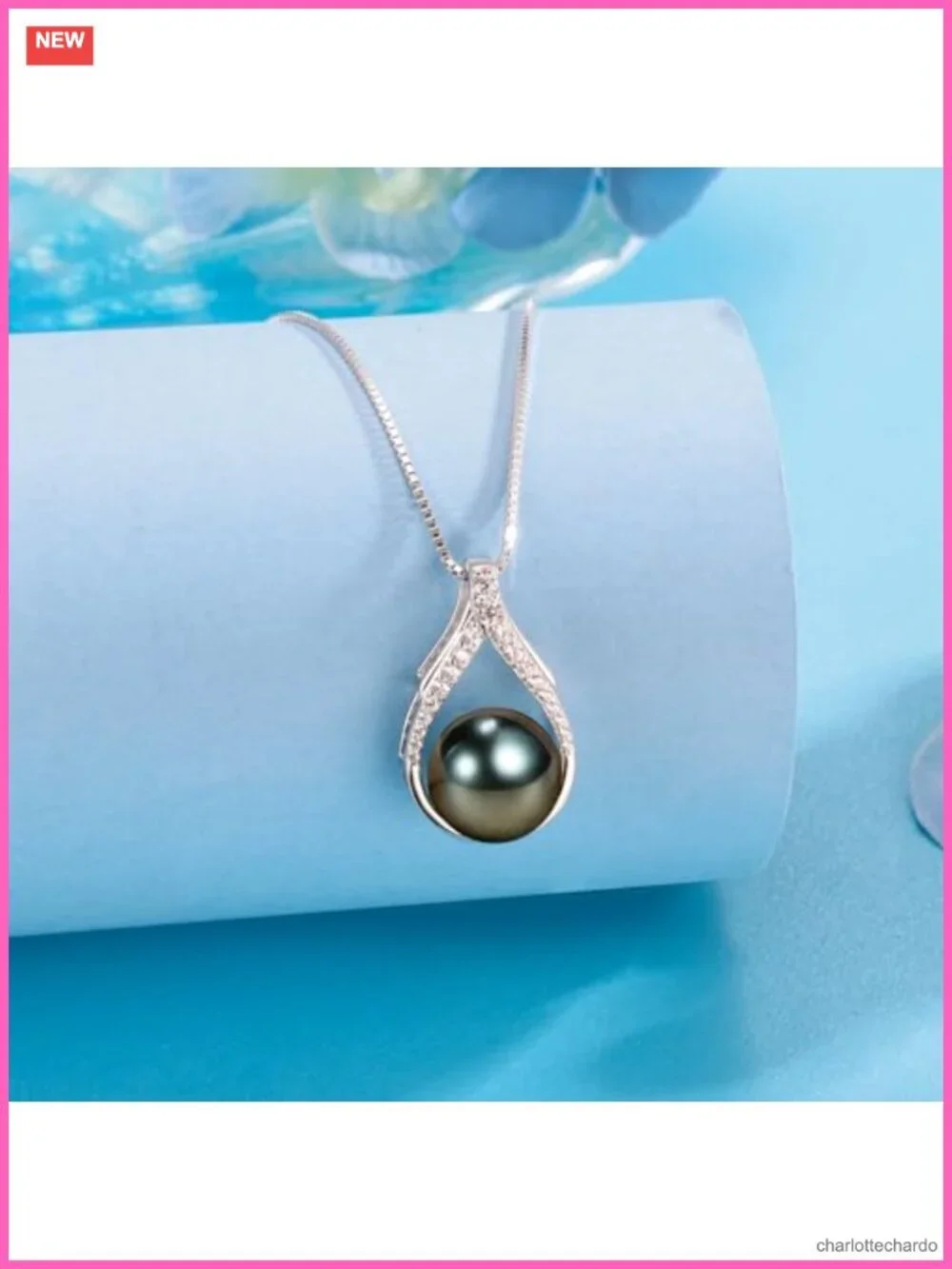 Tahitian Pearl Necklace 18k Gold Plated Sterling Silver, Round Pearl Pendant